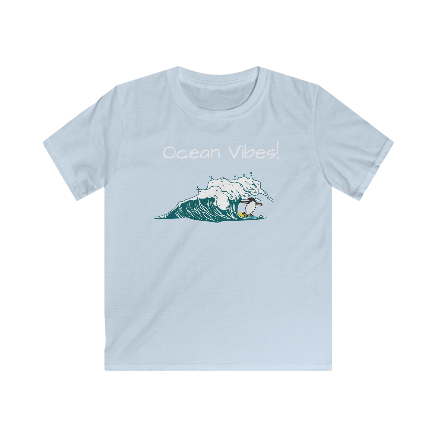 Light blue kids ocean vibes t-shirt with a surfing wave graphic and Ocean Vibes text