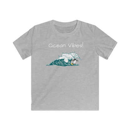 Printify kids ocean vibes t-shirt in gray with cartoon wave and surfer design