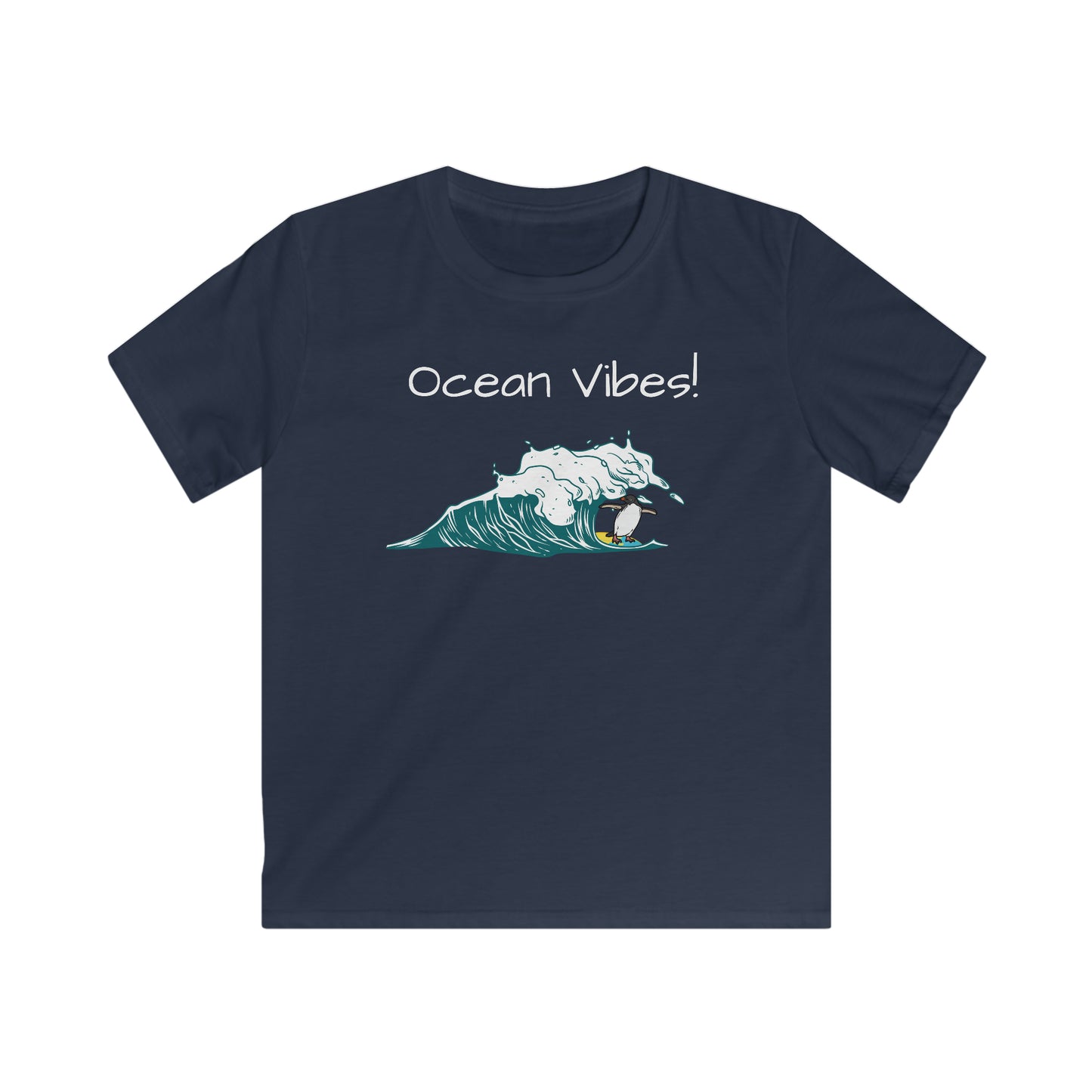 Printify kids ocean vibes t-shirt in navy blue with ocean wave and surfer graphic