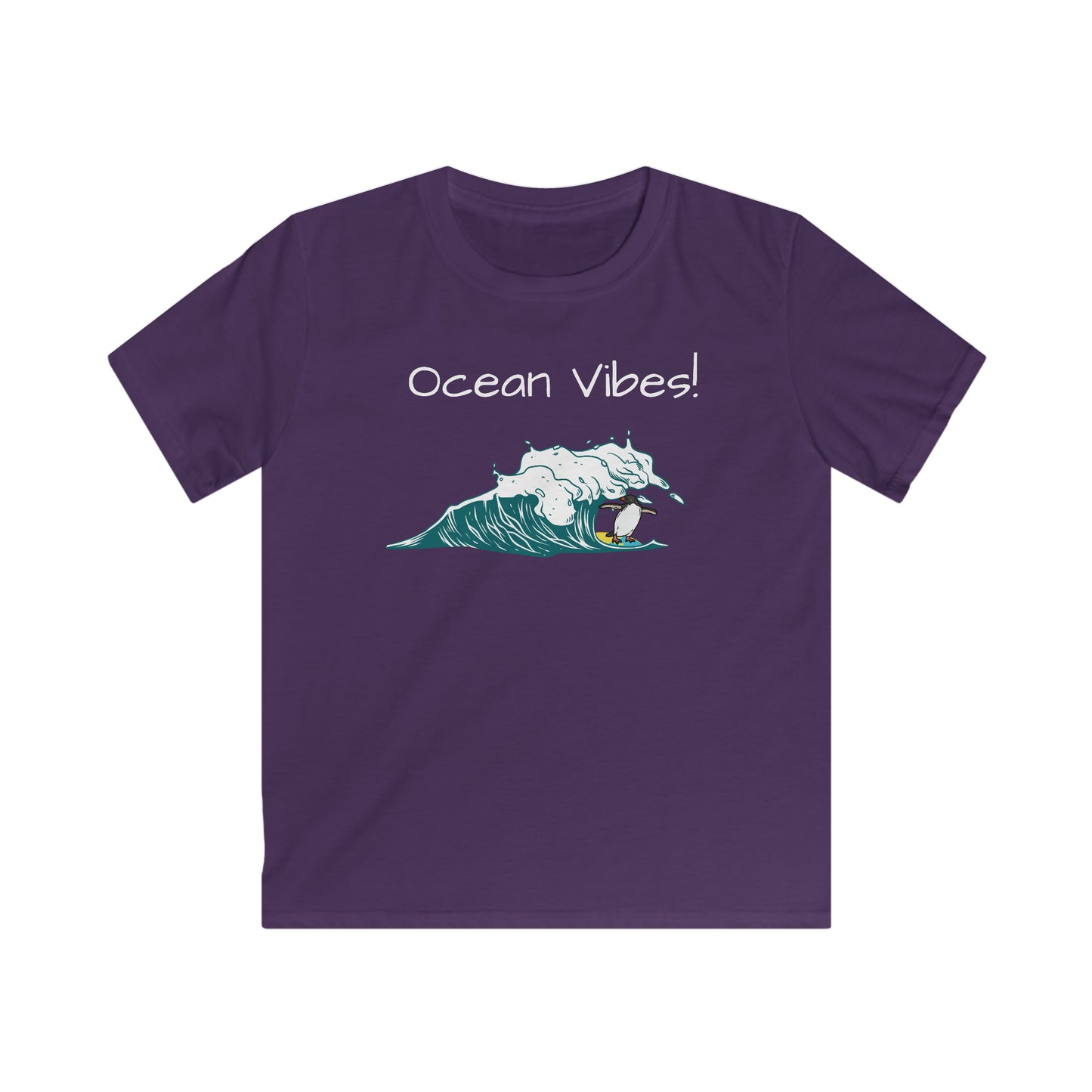 Purple kids ocean vibes t-shirt with wave and surfing penguin graphic by Printify