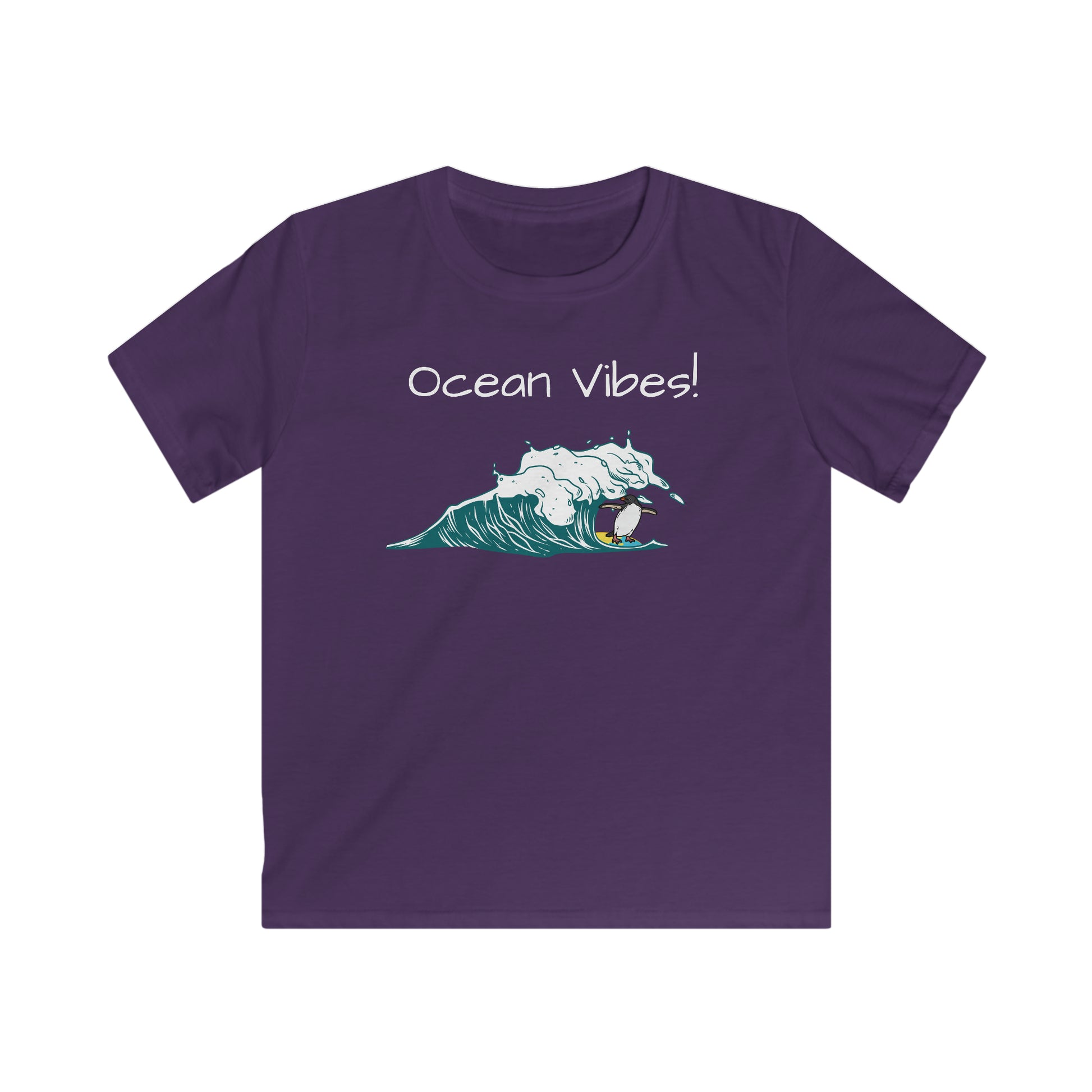 Purple kids ocean vibes t-shirt with wave and surfing penguin graphic by Printify