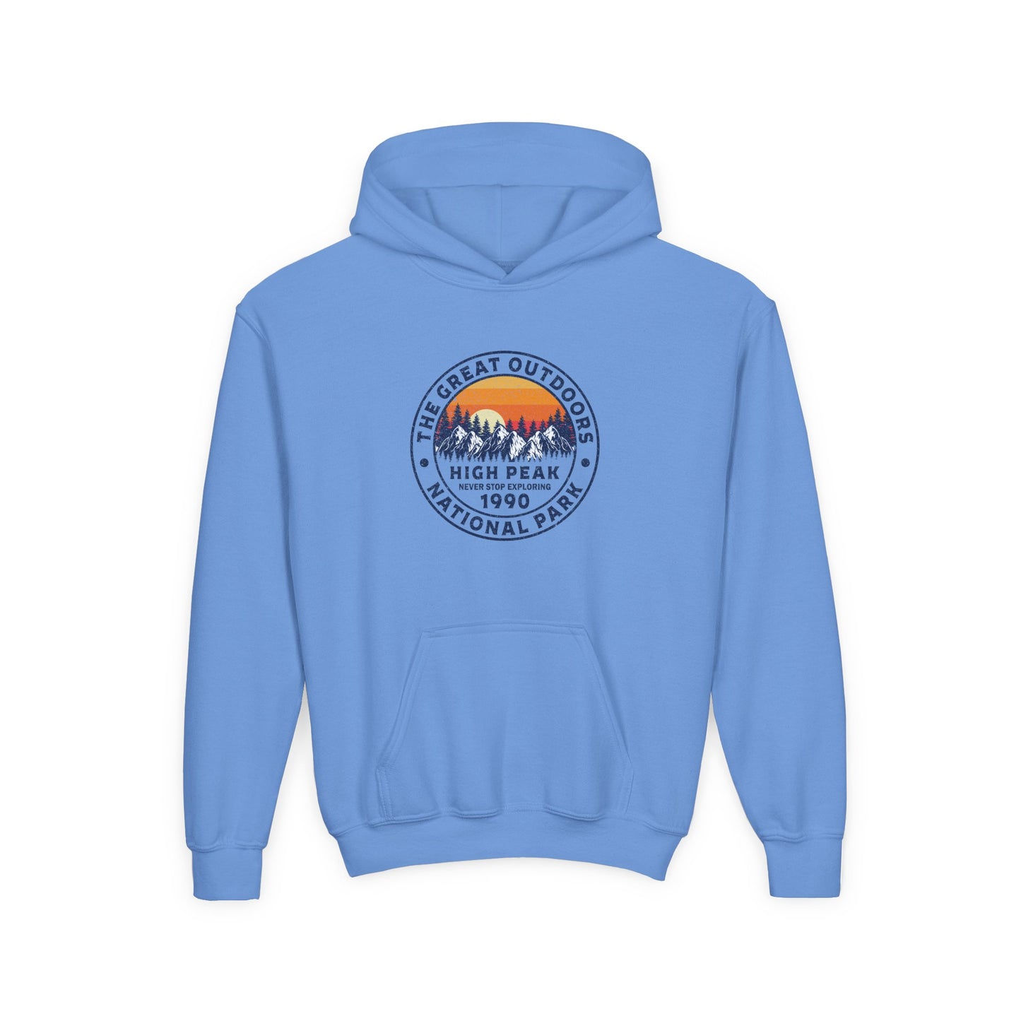 Light blue kids outdoor sweatshirt with a national park graphic and front pouch pocket