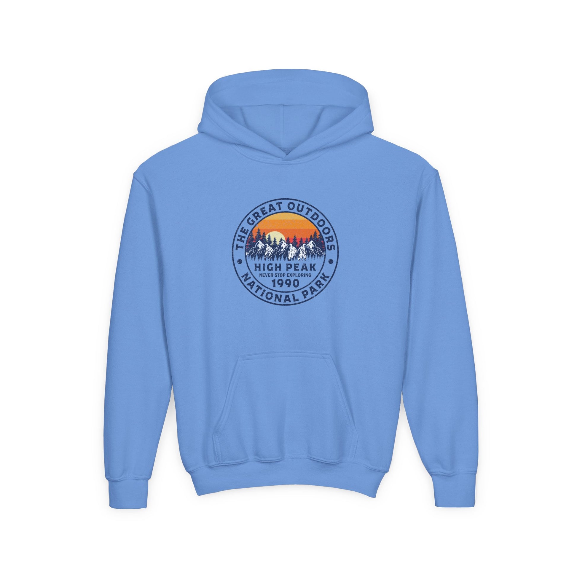 Light blue kids outdoor sweatshirt with a national park graphic and front pouch pocket