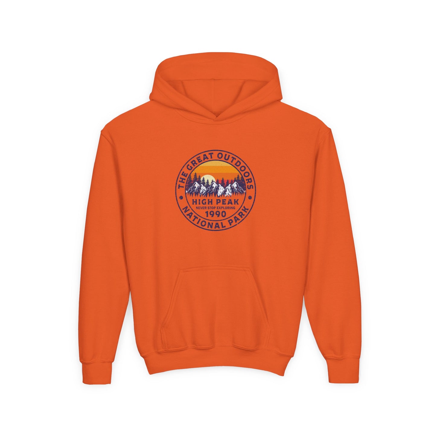 Orange kids outdoor sweatshirt with mountain graphic and front pocket by Printify
