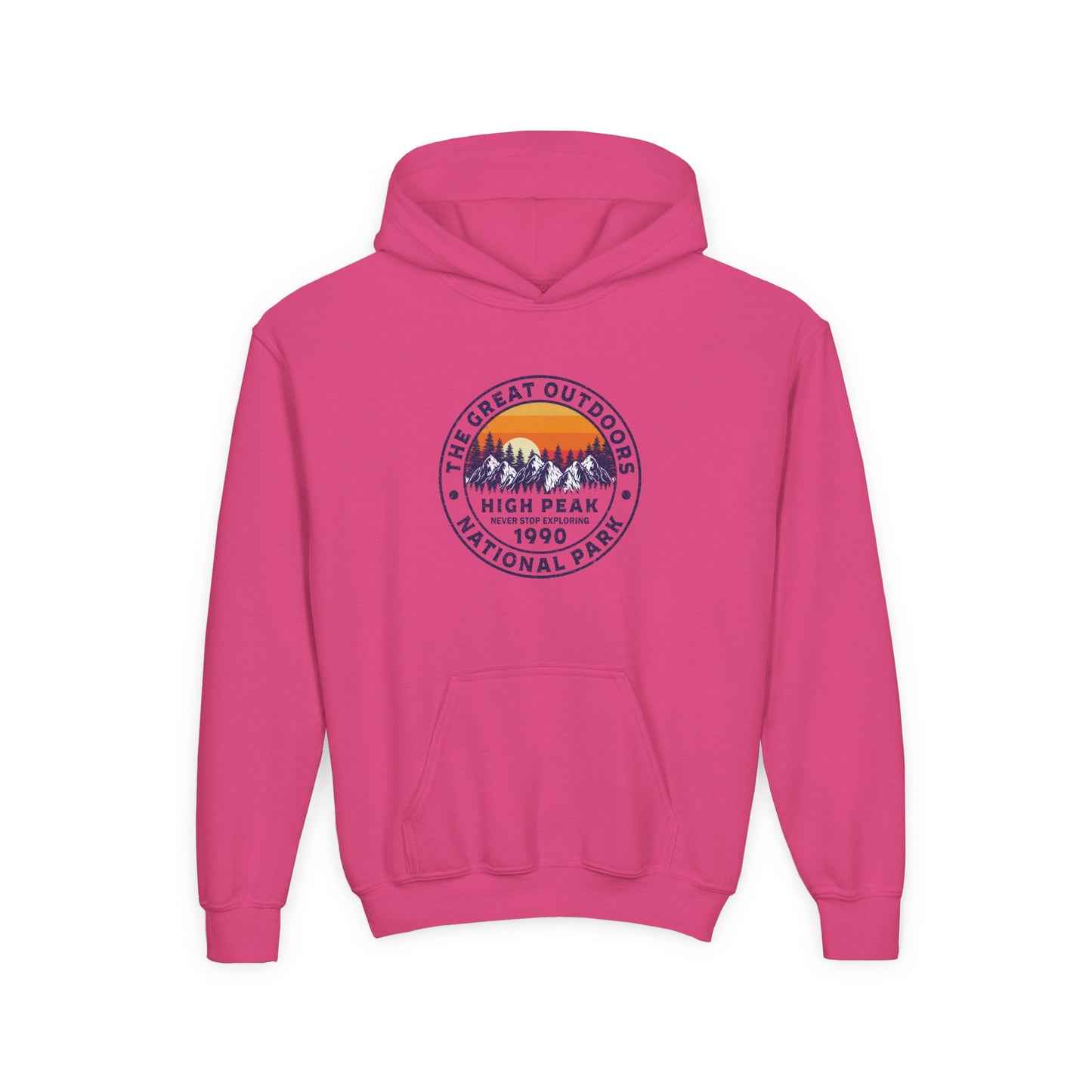 Pink kids outdoor sweatshirt with a mountain and sunset graphic from Printify