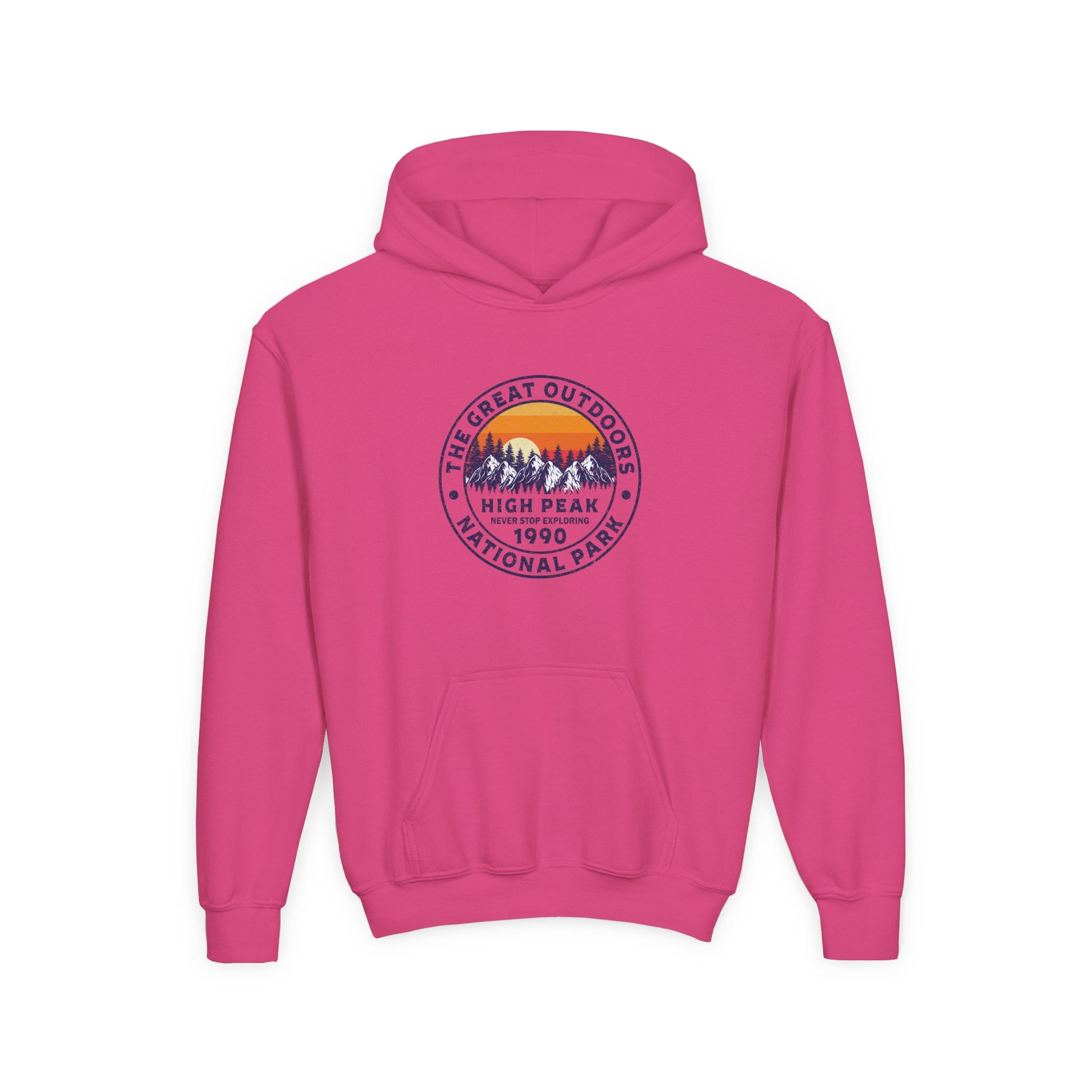 Pink kids outdoor sweatshirt with a mountain and sunset graphic from Printify