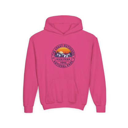 Pink kids outdoor sweatshirt with a mountain and sunset graphic from Printify