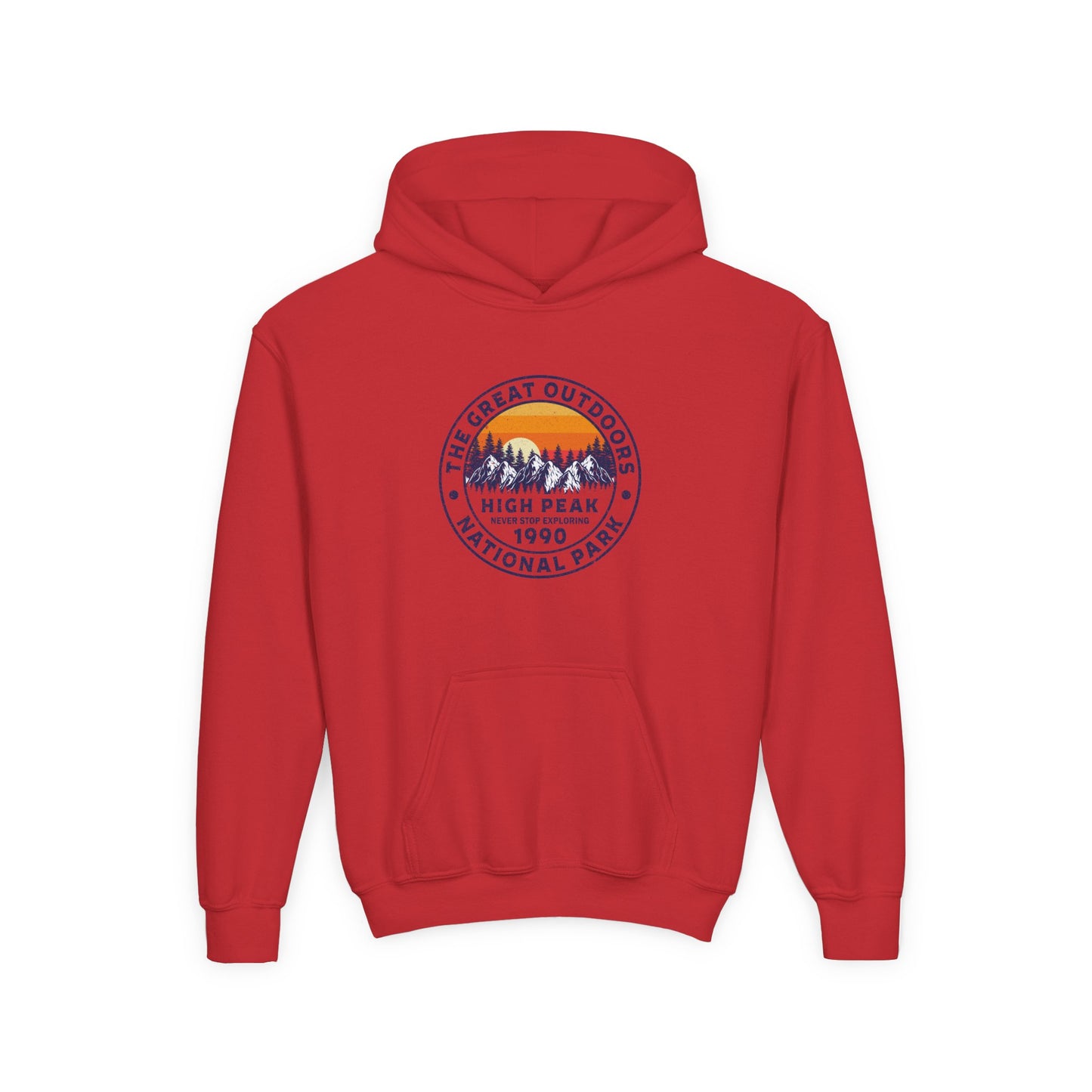 Red kids outdoor sweatshirt with mountain graphic and The Great Outdoors text from Printify