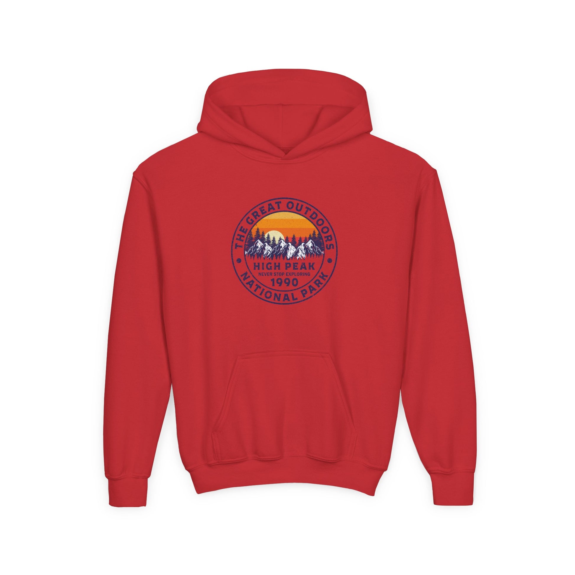 Red kids outdoor sweatshirt with mountain graphic and The Great Outdoors text from Printify