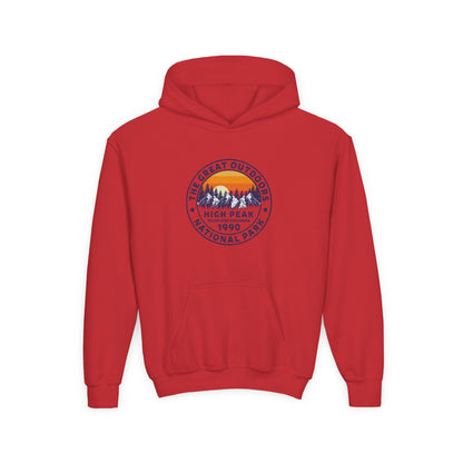 Red kids outdoor sweatshirt with mountain graphic and The Great Outdoors text from Printify