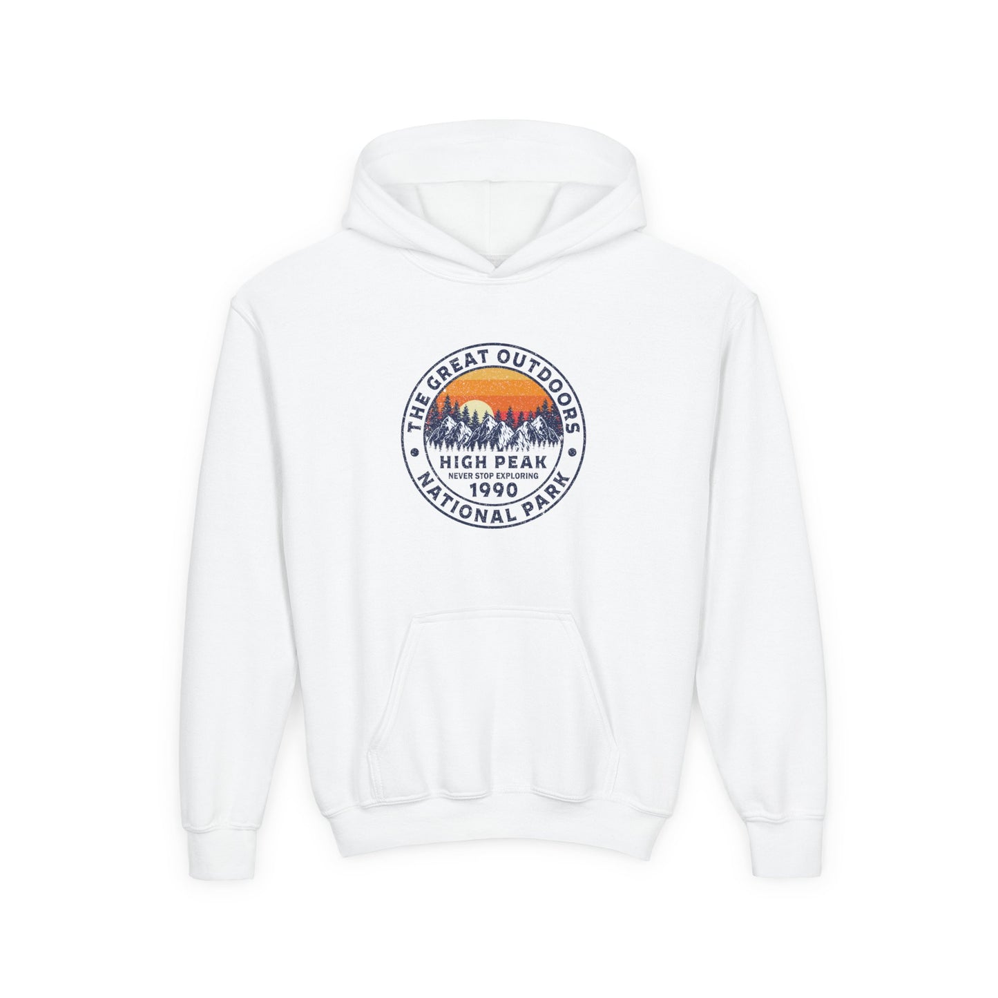 White kids outdoor sweatshirt with a national park nature graphic and front pocket by Printify