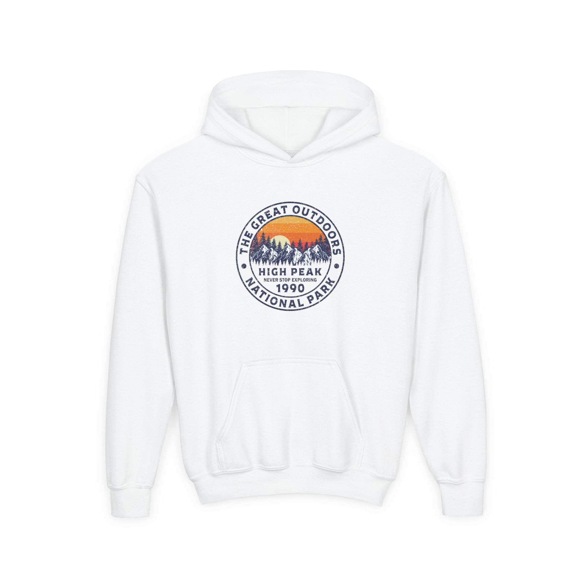 White kids outdoor sweatshirt with a national park nature graphic and front pocket by Printify