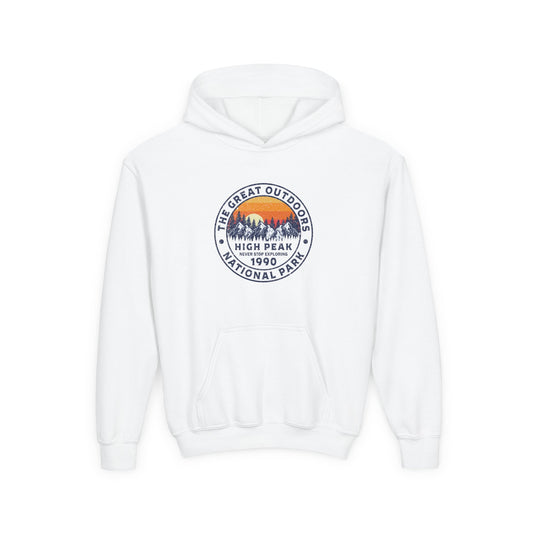 White kids outdoor sweatshirt with a national park nature graphic and front pocket by Printify