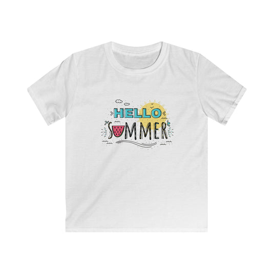 Printify kids summer graphic tee white cotton shirt with colorful hello summer design