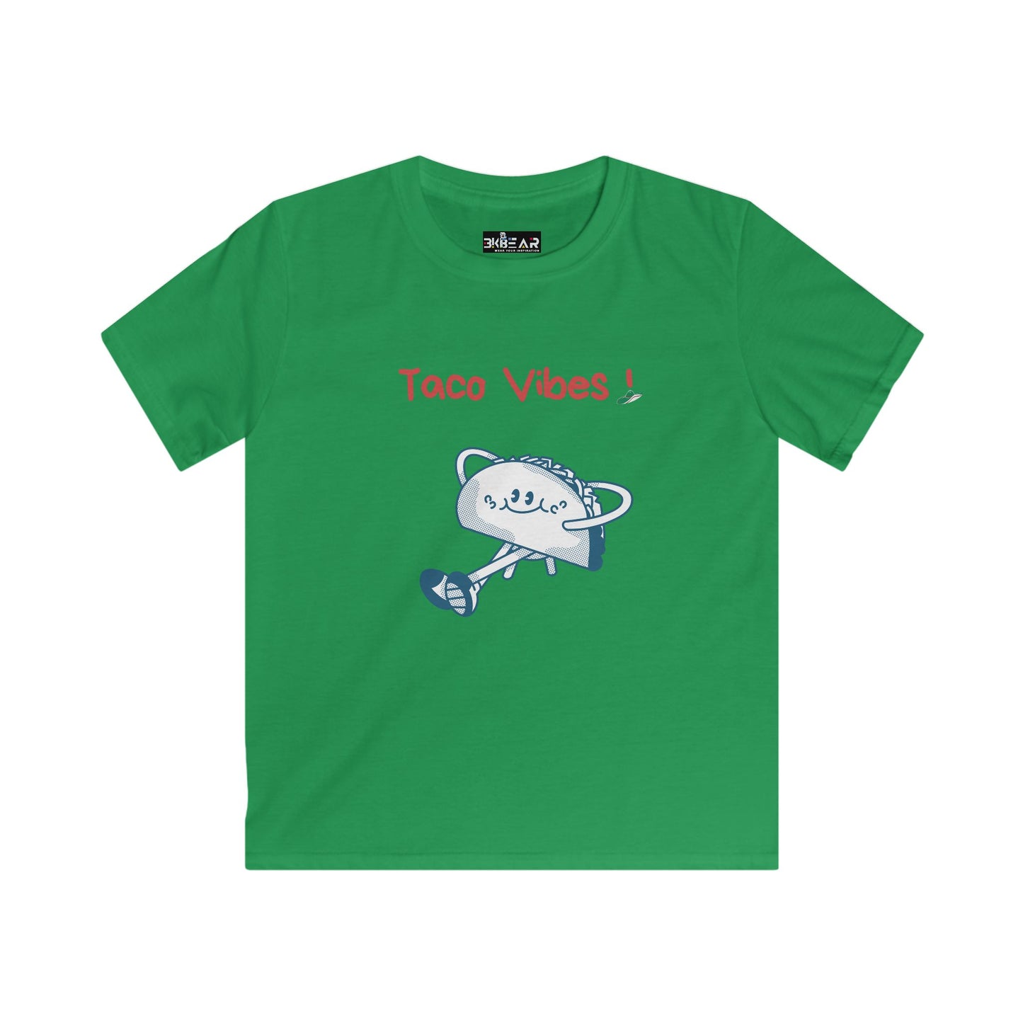 Green kids taco graphic t-shirt with playful dancing taco and Taco Vibes text by Printify
