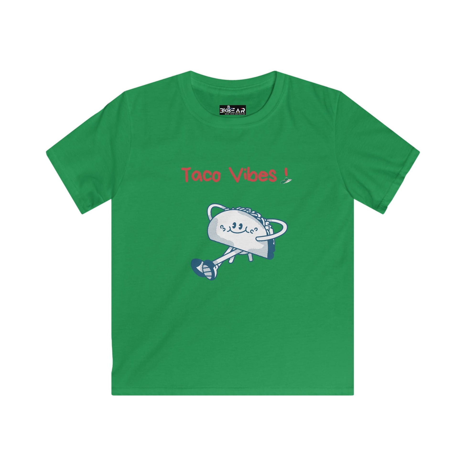 Green kids taco graphic t-shirt with playful dancing taco and Taco Vibes text by Printify