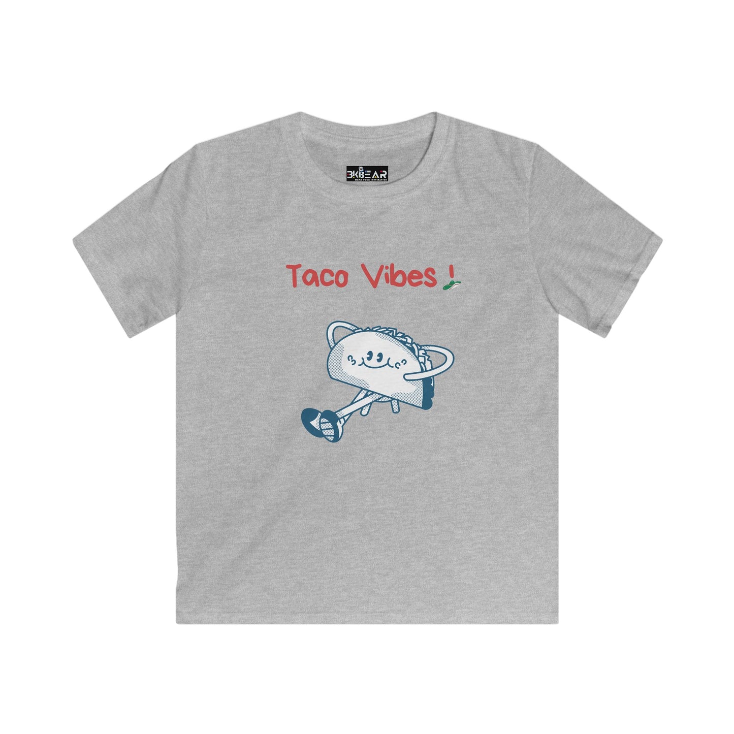 Gray kids taco graphic t-shirt with Taco Vibes text and playful taco illustration