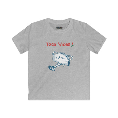 Gray kids taco graphic t-shirt with Taco Vibes text and playful taco illustration