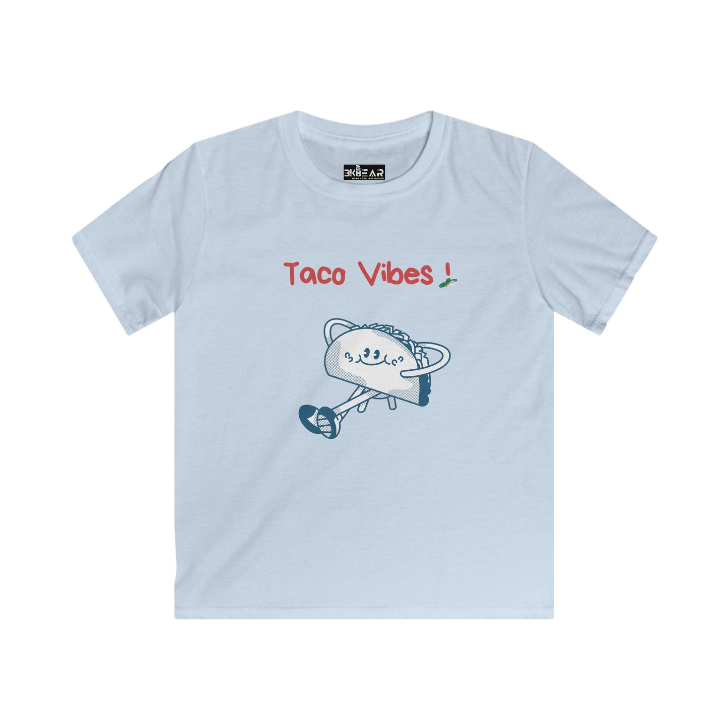 Light blue kids taco graphic t-shirt with taco illustration and Taco Vibes text from Printify