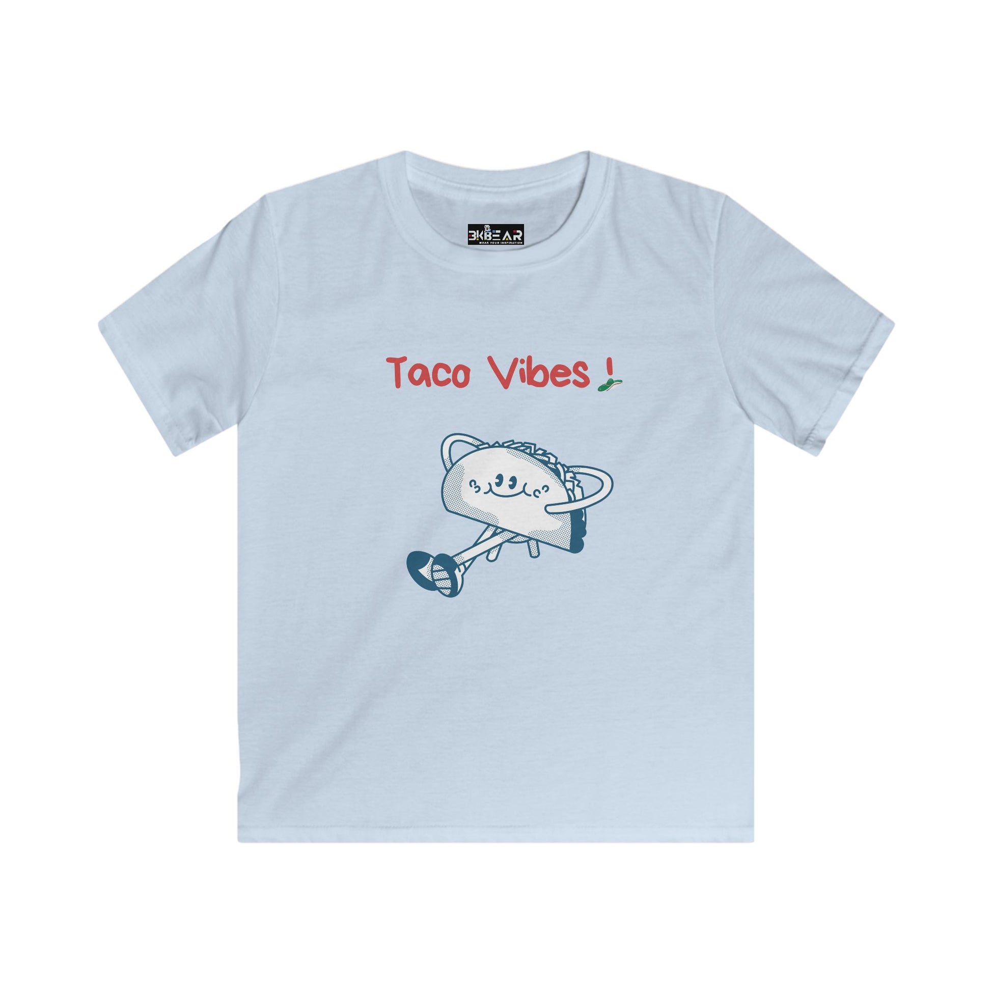 Light blue kids taco graphic t-shirt with taco illustration and Taco Vibes text from Printify