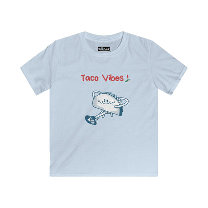 Light blue kids taco graphic t-shirt with taco illustration and Taco Vibes text from Printify