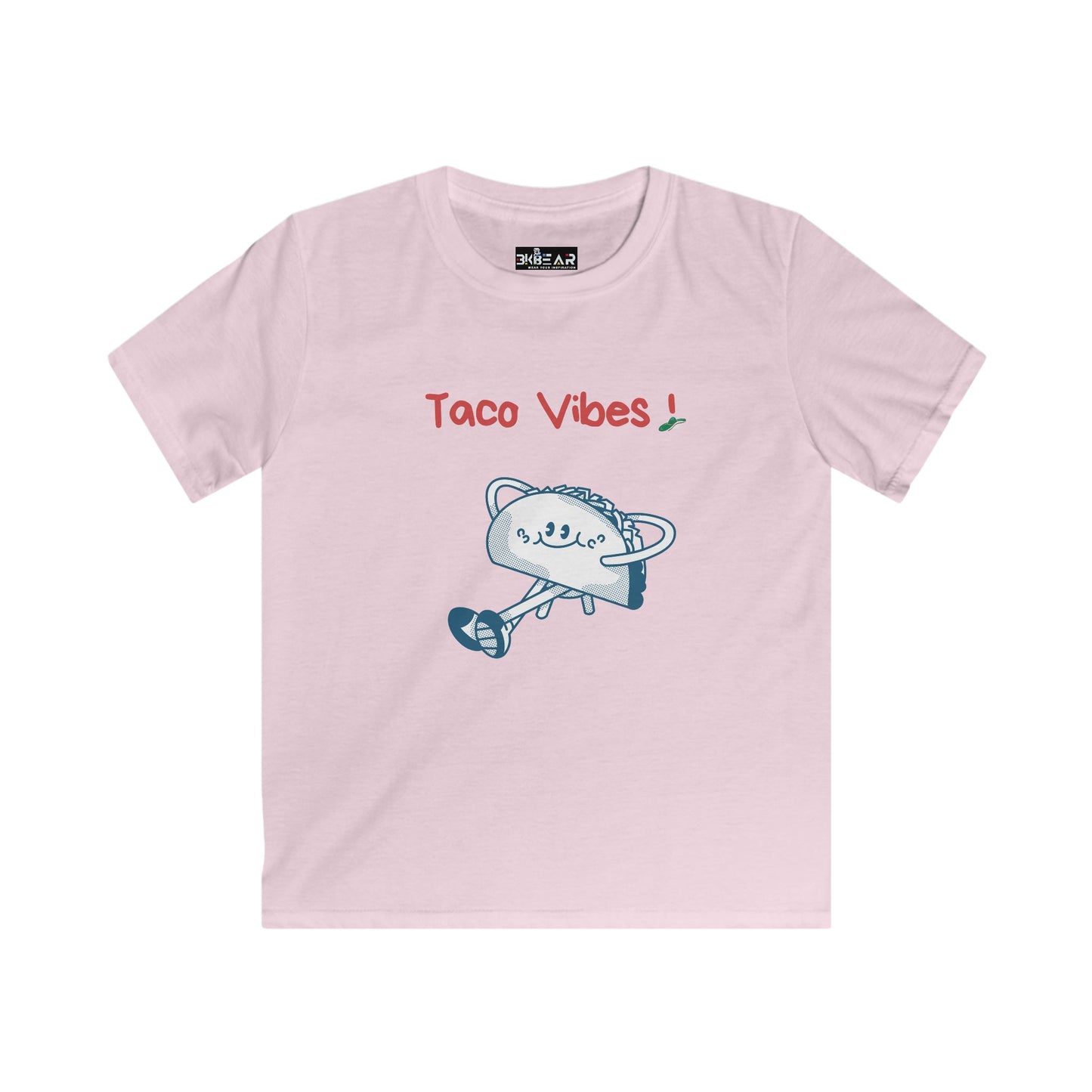 Printify kids taco graphic t-shirt in light pink with fun taco vibes design for children