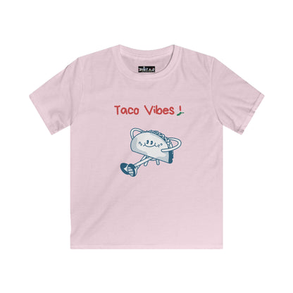 Printify kids taco graphic t-shirt in light pink with fun taco vibes design for children