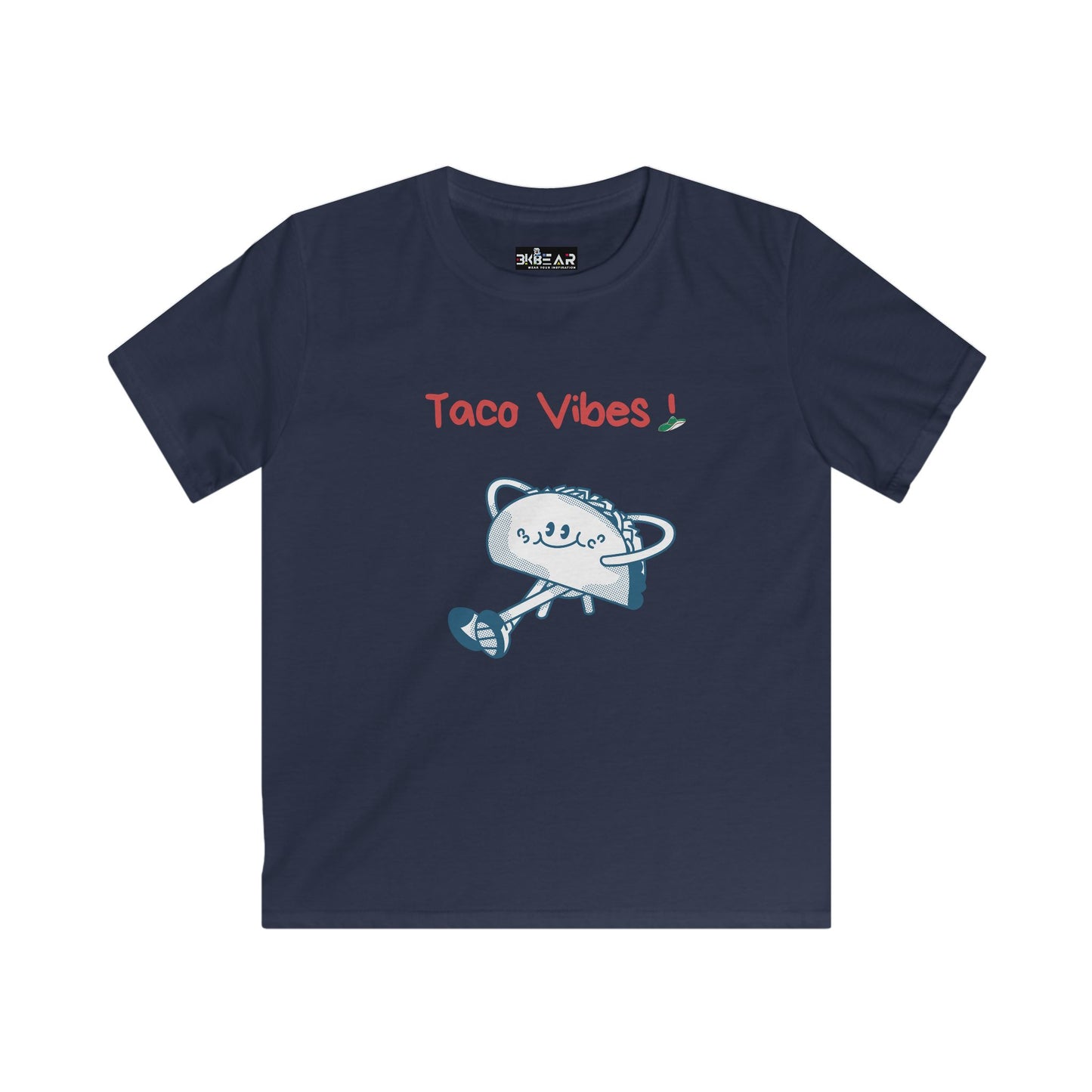 Printify kids taco graphic t-shirt in navy with playful taco and Taco Vibes text design