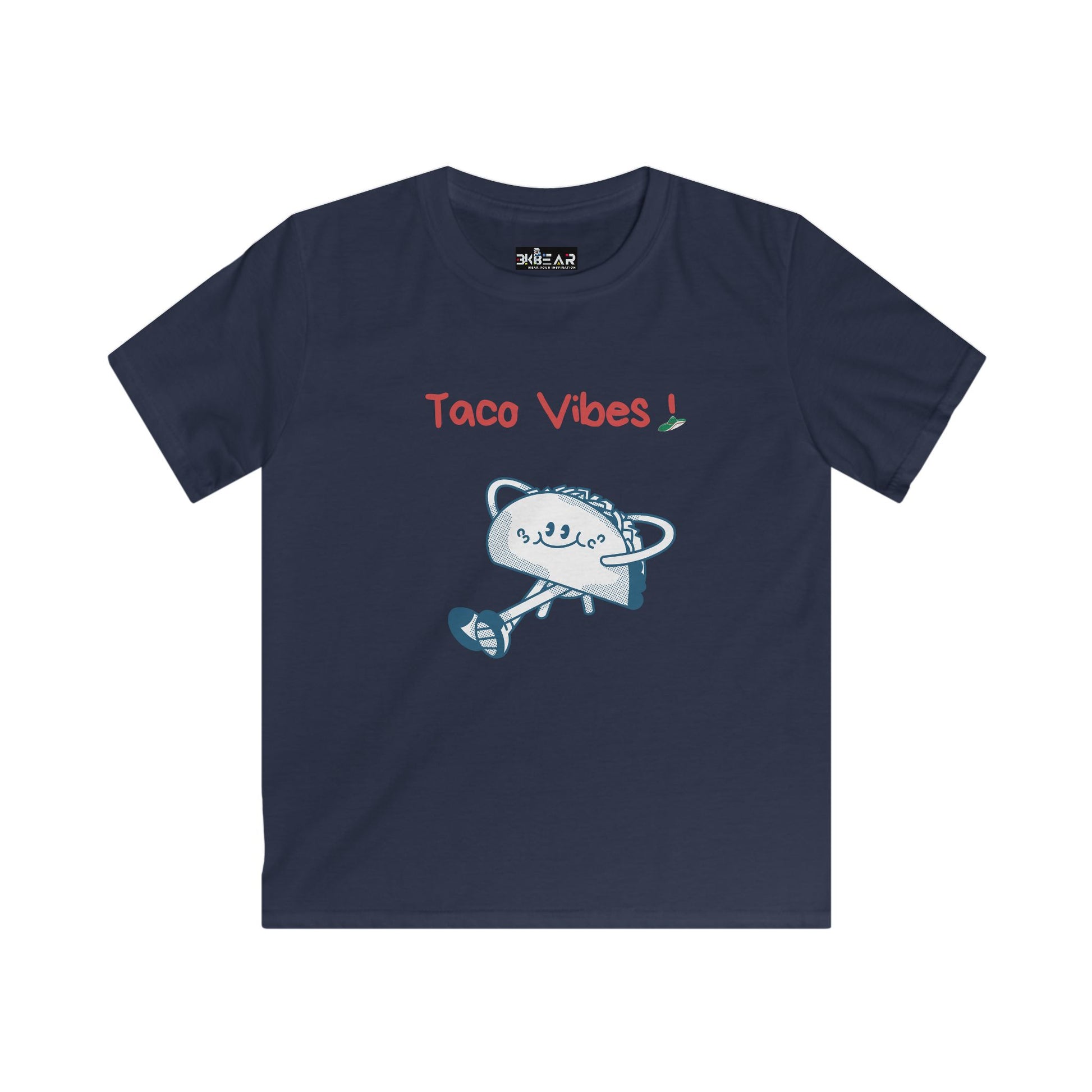 Printify kids taco graphic t-shirt in navy with playful taco and Taco Vibes text design