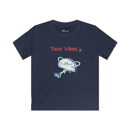 Printify kids taco graphic t-shirt in navy with playful taco and Taco Vibes text design