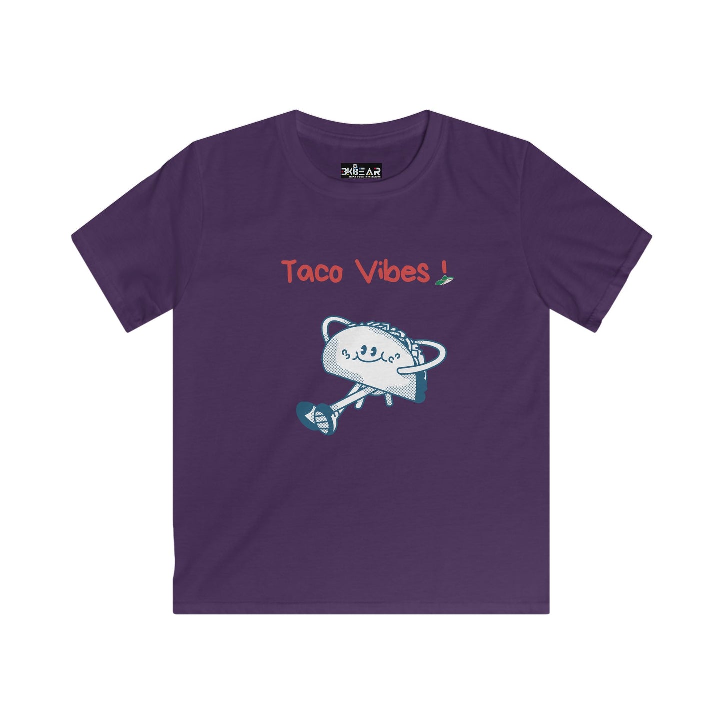 Purple kids taco graphic t-shirt with playful taco design and Taco Vibes text by Printify