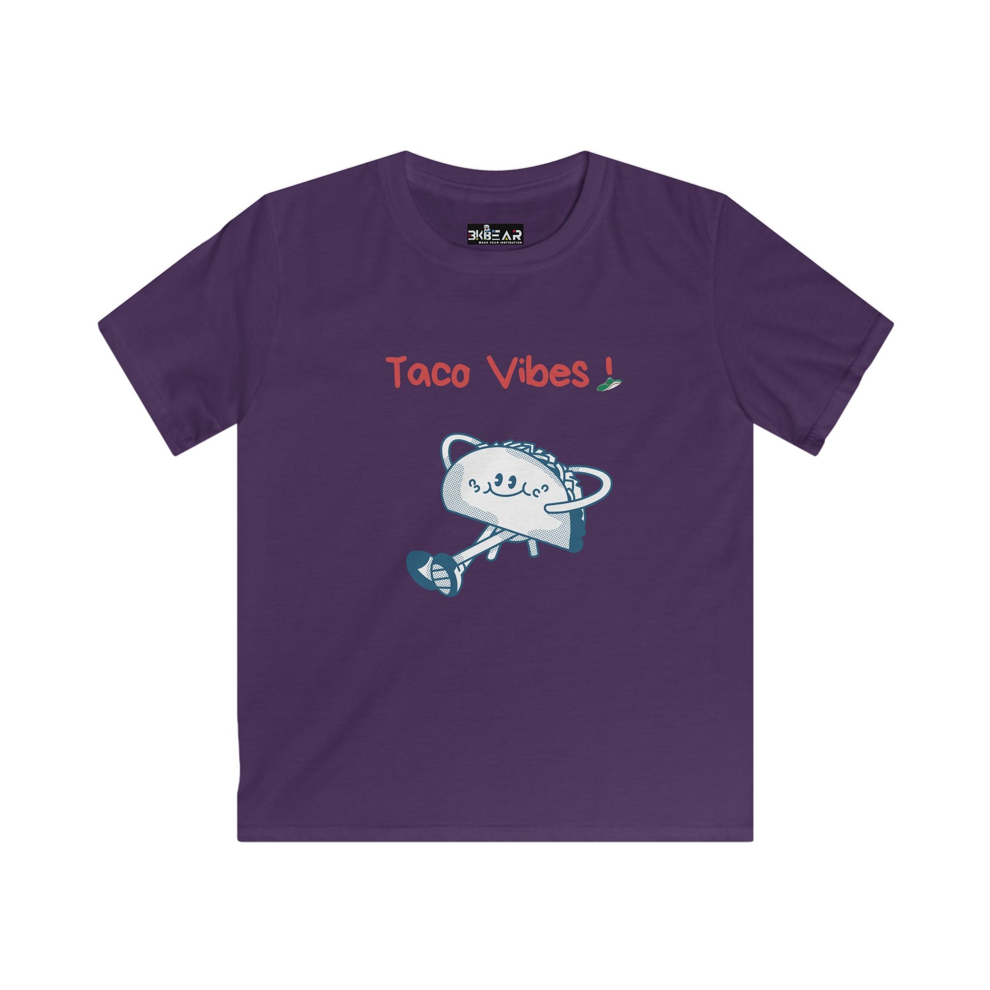 Purple kids taco graphic t-shirt with playful taco design and Taco Vibes text by Printify