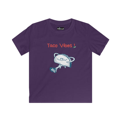 Purple kids taco graphic t-shirt with playful taco design and Taco Vibes text by Printify
