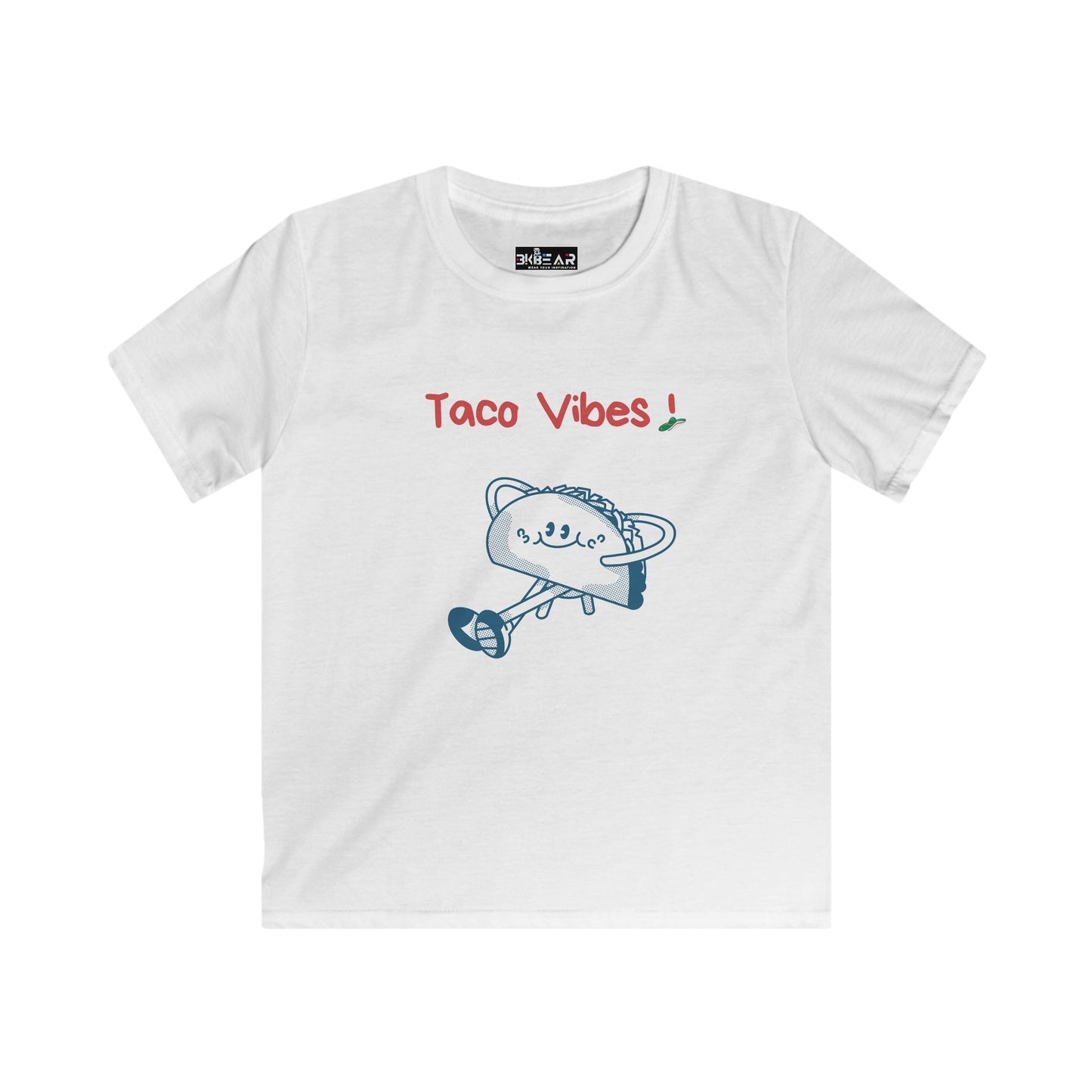 White kids taco graphic t-shirt with Taco Vibes text and fun taco illustration by Printify