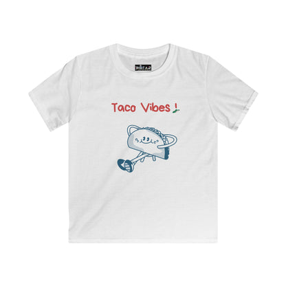 White kids taco graphic t-shirt with Taco Vibes text and fun taco illustration by Printify