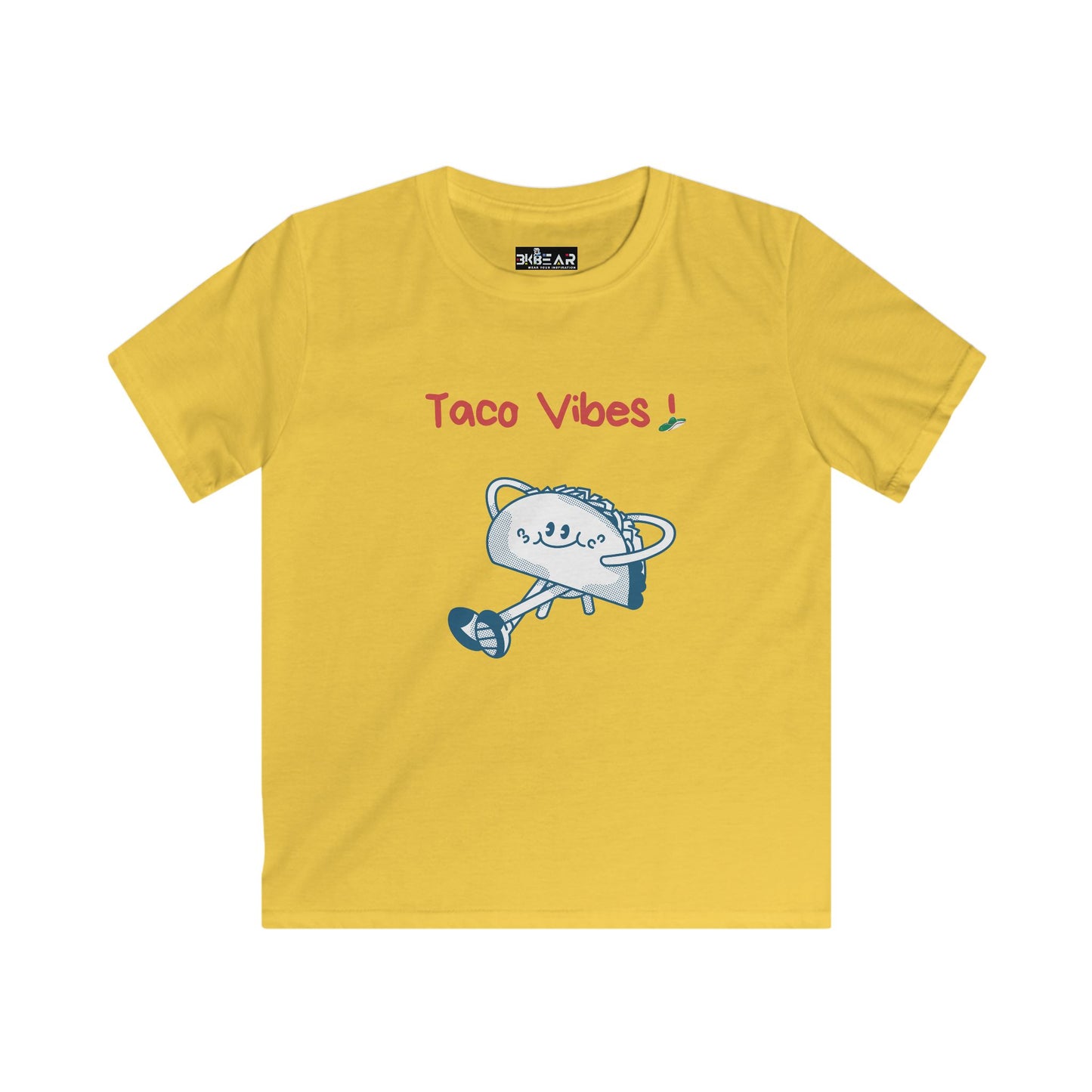 Yellow kids taco graphic t-shirt with Taco Vibes text and cartoon taco art by Printify