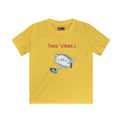 Yellow kids taco graphic t-shirt with Taco Vibes text and cartoon taco art by Printify