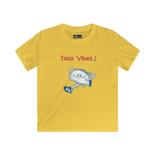 Yellow kids taco graphic t-shirt with Taco Vibes text and cartoon taco art by Printify