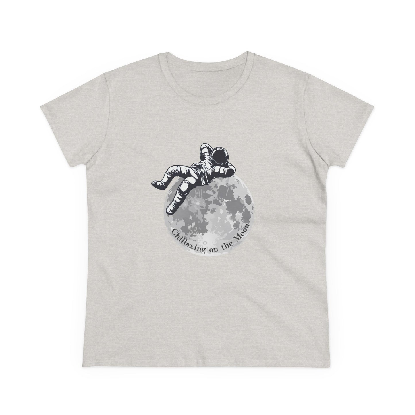 Printify moon t-shirt women with astronaut lounging on full moon graphic in light gray