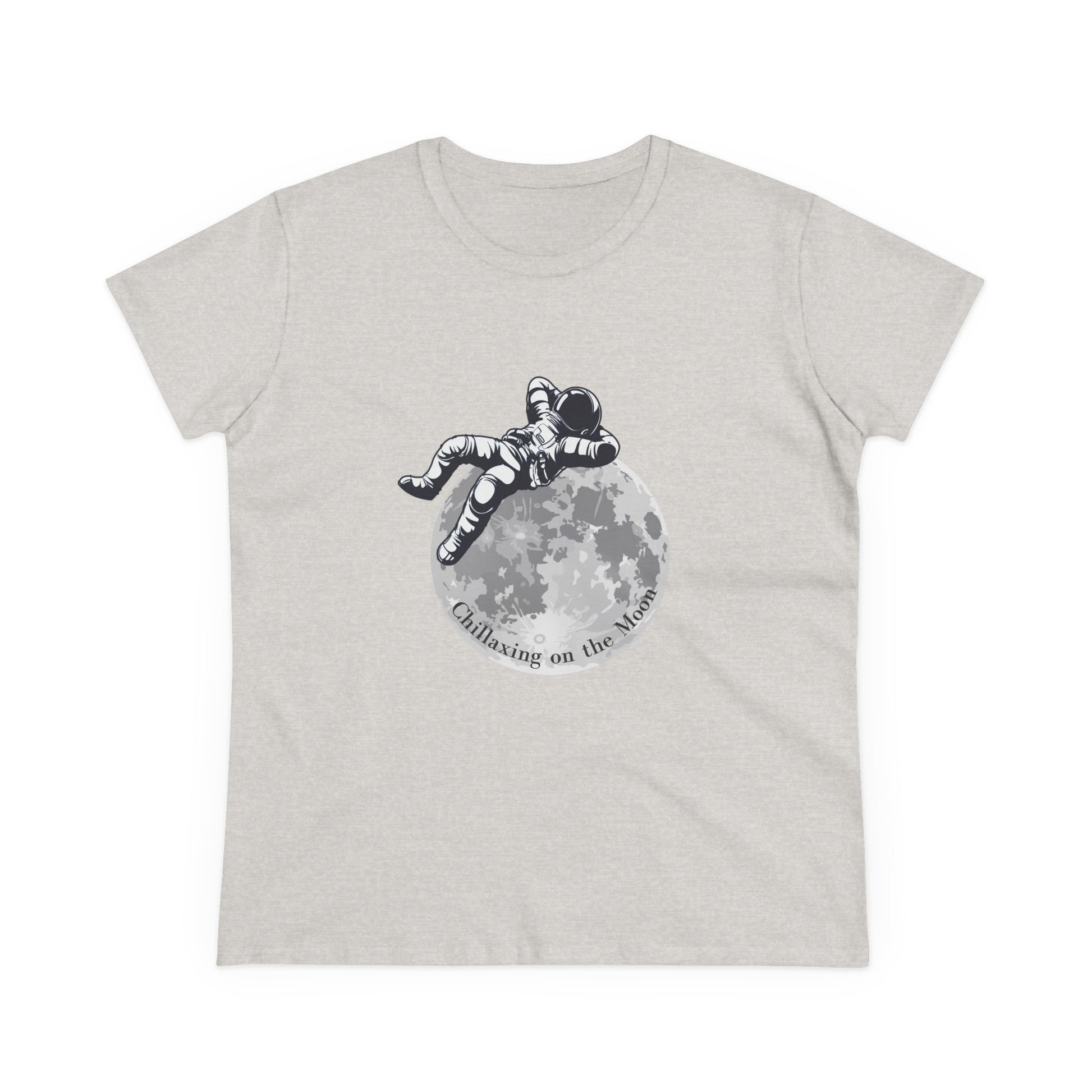 Printify moon t-shirt women with astronaut lounging on full moon graphic in light gray
