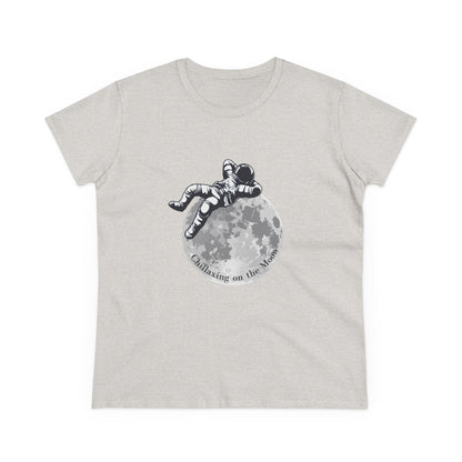 Printify moon t-shirt women with astronaut lounging on full moon graphic in light gray