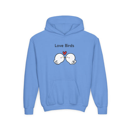 Light blue love birds hoodie kids with cute bird graphic and heart design by Printify