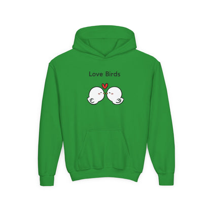 Green love birds hoodie kids with cute bird design and front pocket for children
