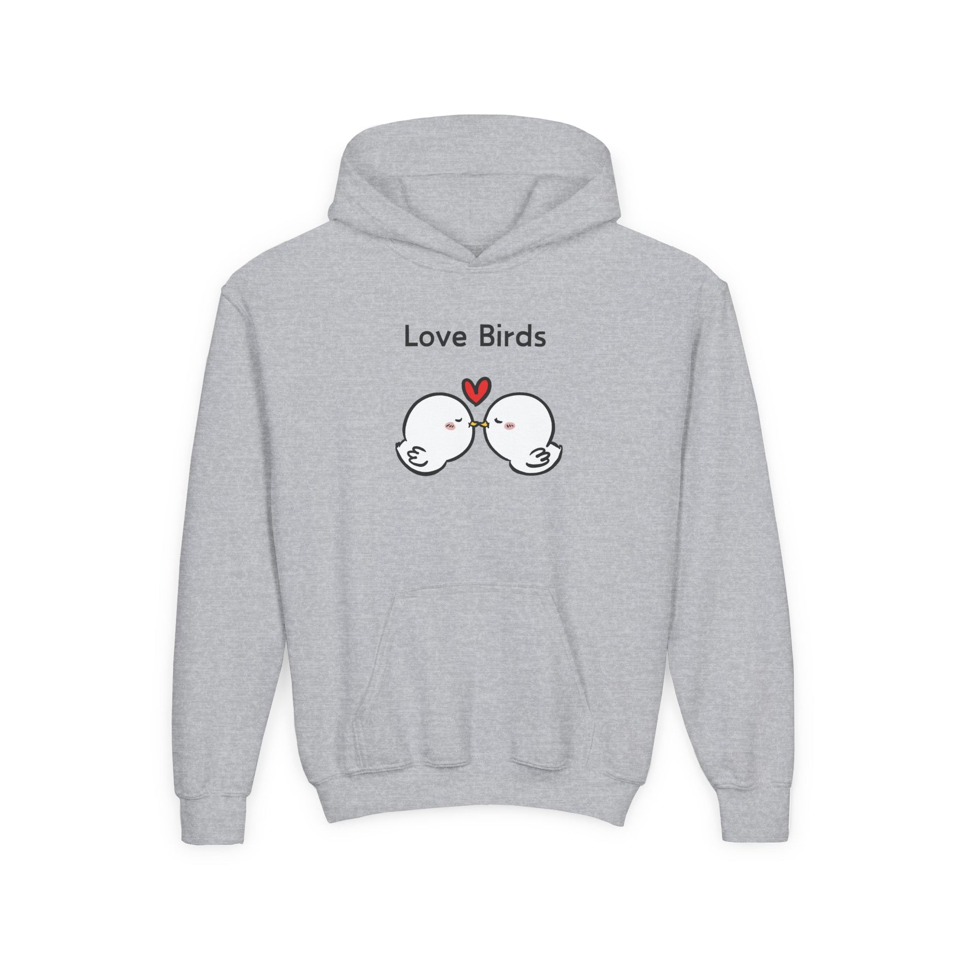 Gray love birds hoodie kids with cute kissing bird design and heart graphic on front