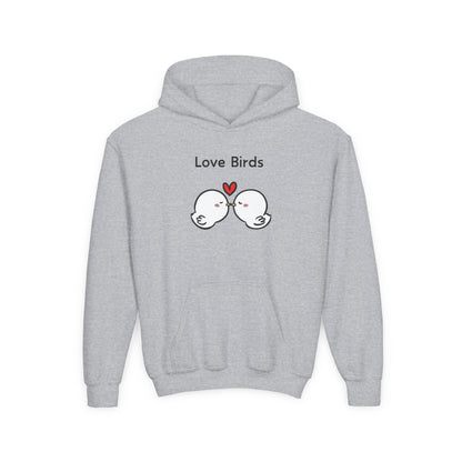 Gray love birds hoodie kids with cute kissing bird design and heart graphic on front