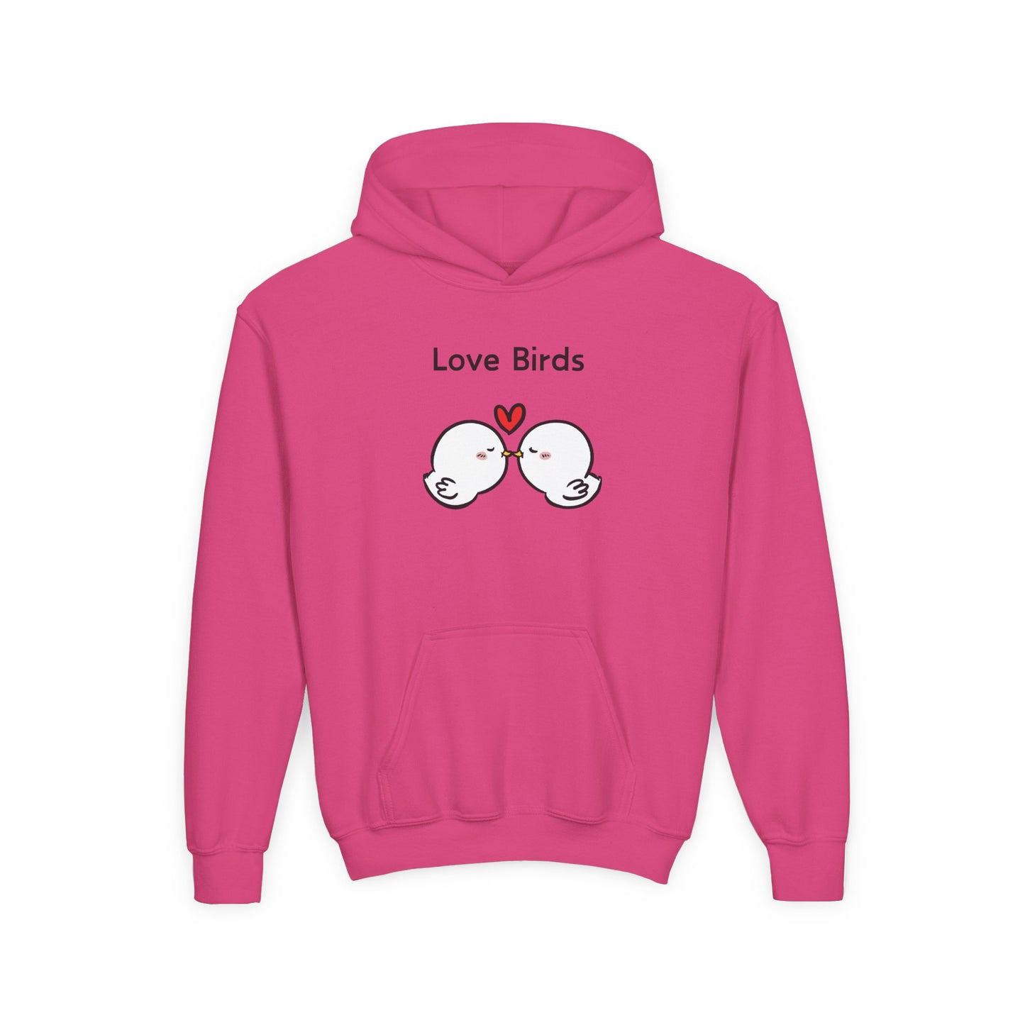 Pink love birds hoodie kids with cute kissing bird illustration and heart graphic