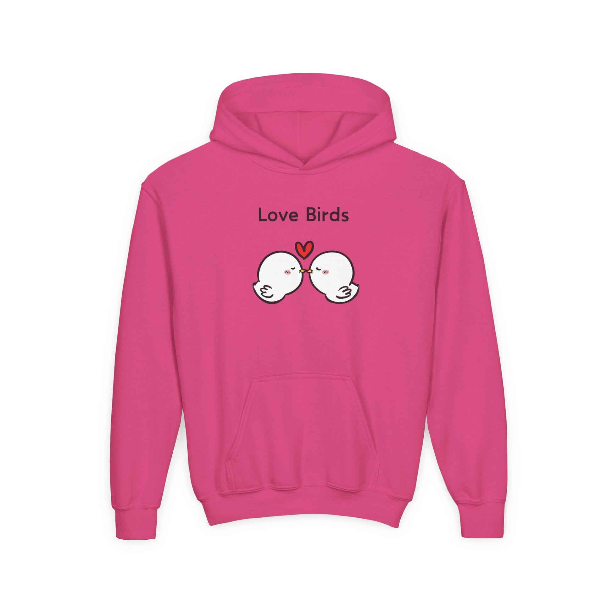 Pink love birds hoodie kids with cute kissing bird illustration and heart graphic