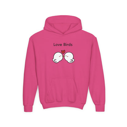 Pink love birds hoodie kids with cute kissing bird illustration and heart graphic
