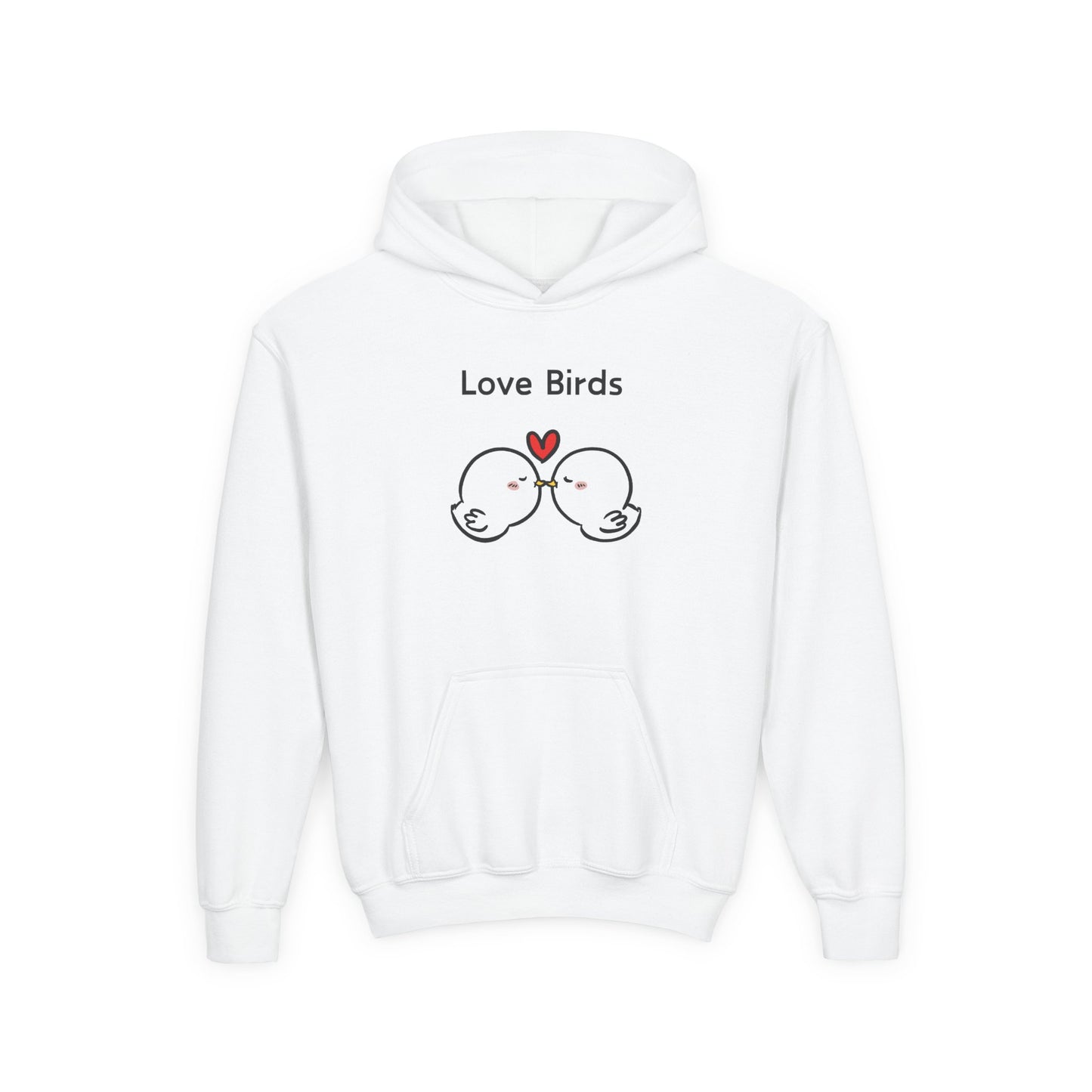White love birds hoodie kids with cartoon birds and heart design printed by Printify