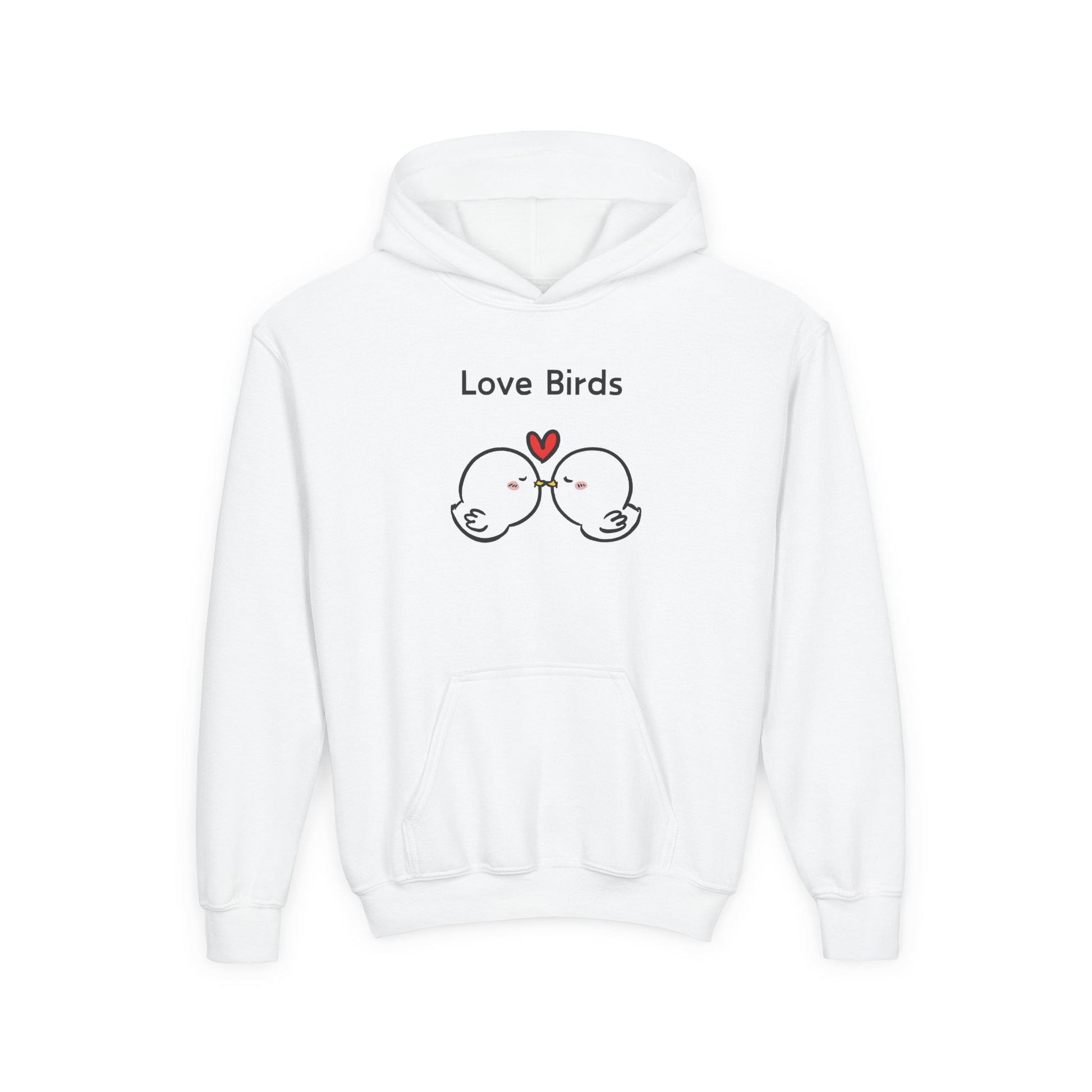 White love birds hoodie kids with cartoon birds and heart design printed by Printify
